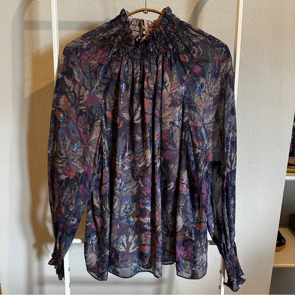 Rebecca Taylor Blue and Purple Smocked Mandarin Collar Blouse
